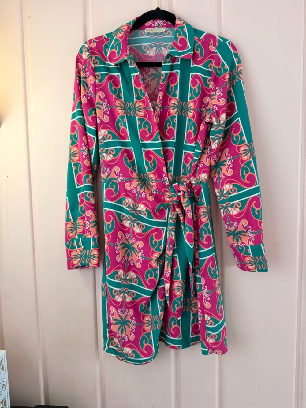 Intempo Vibrant Pink & Teal Wrap Dress w/silver buttons szSmall